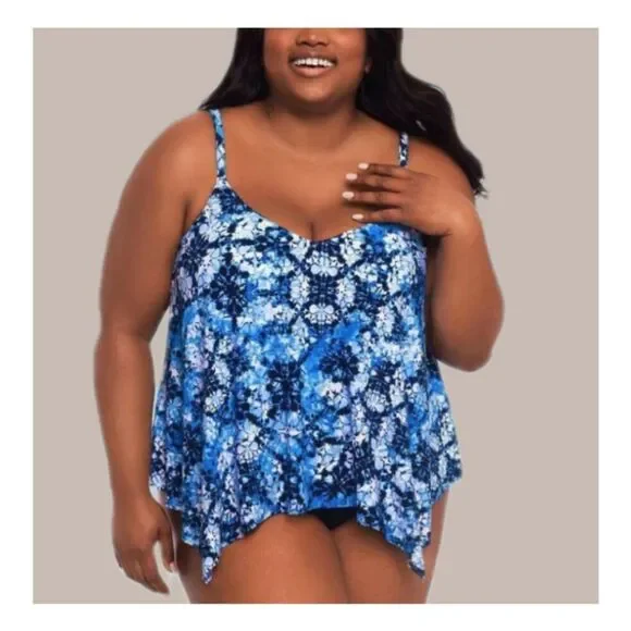 Plus size! Slimming Handkerchief IKAT Print Tankini Swim Top Blue And White